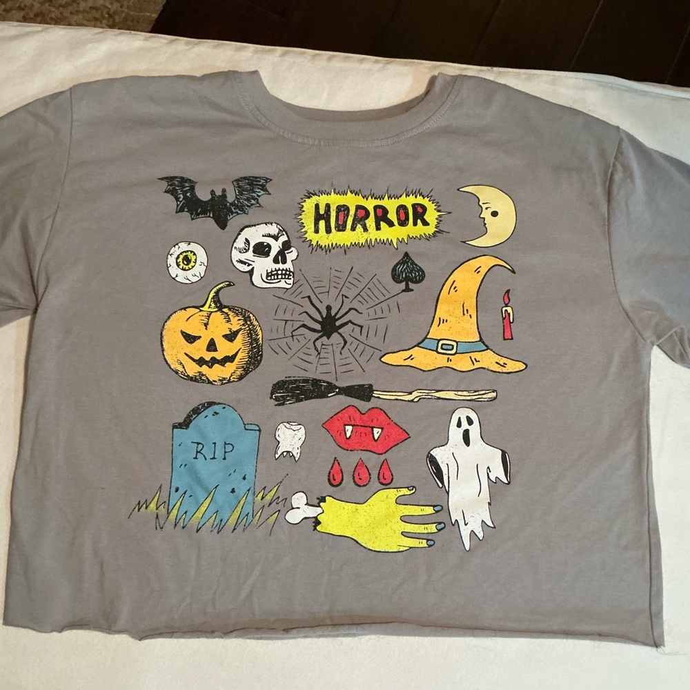 Modernlux Halloween Horror Graphic Tee M Gray Spooky Witch Ghost Pumpkin